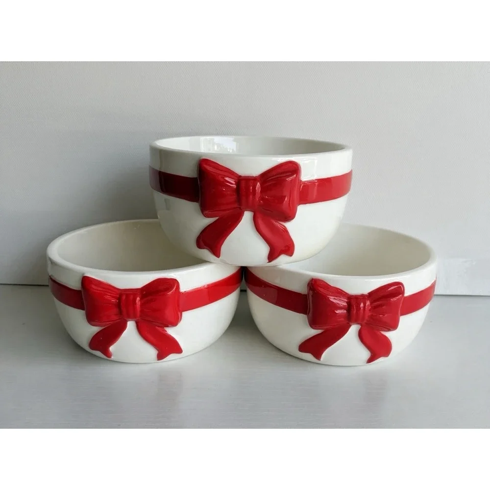 Set Of 3 Christmas Ramekins 4in Red Bow Ceramic Oven Safe Baking Dish New